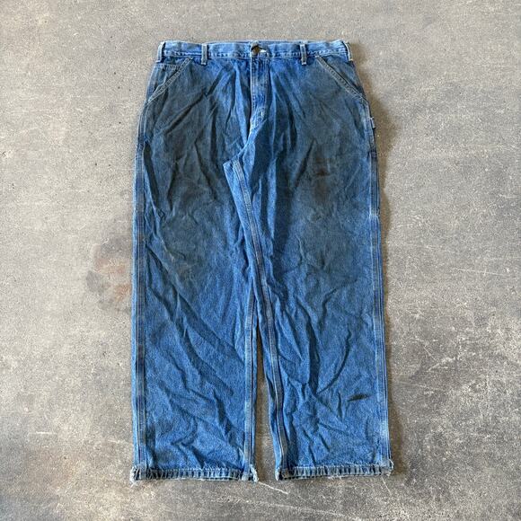 Carhartt Carpenter Jeans Mens 40x30 Blue Pants B13 DST Trashed Mechanic - Picture 1 of 8